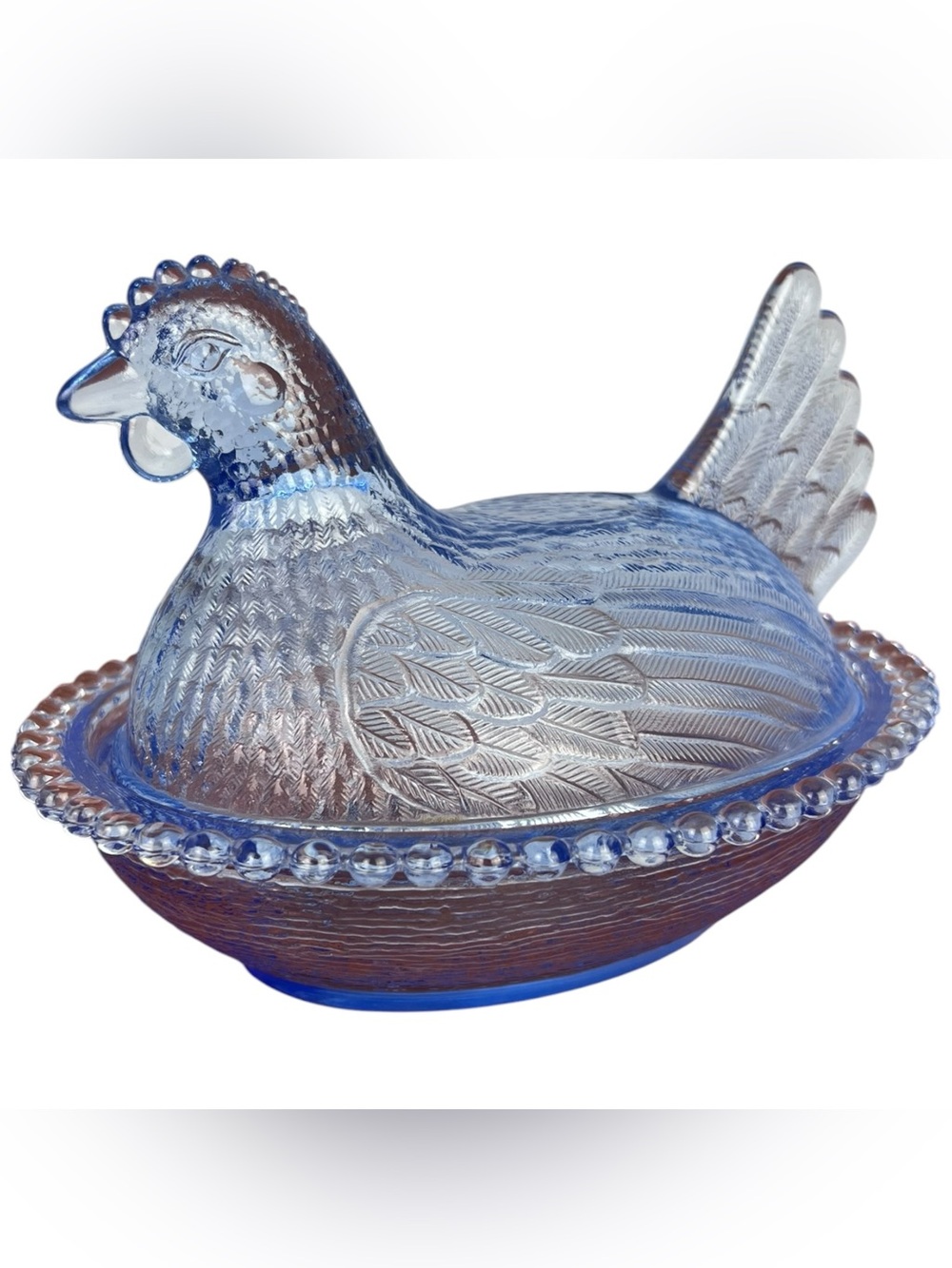Vtg Indiana Glass Cornflower Blue Hen on Nest Covered Candy Dish Beaded Rim 7"